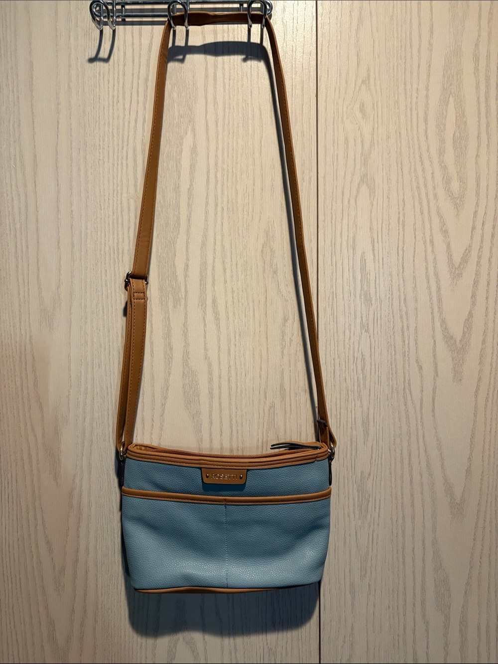 Rosetti Light Blue Crossbody Bag with Tan Trim